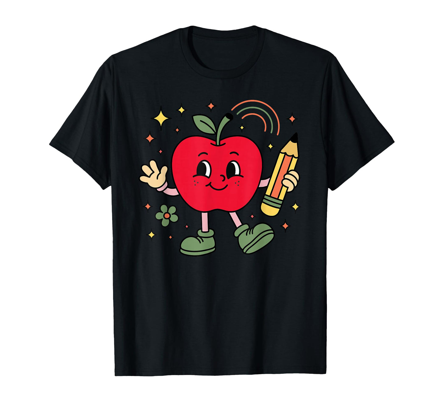 Retro School Apple with Face and Teacher’s Pencil T-Shirt