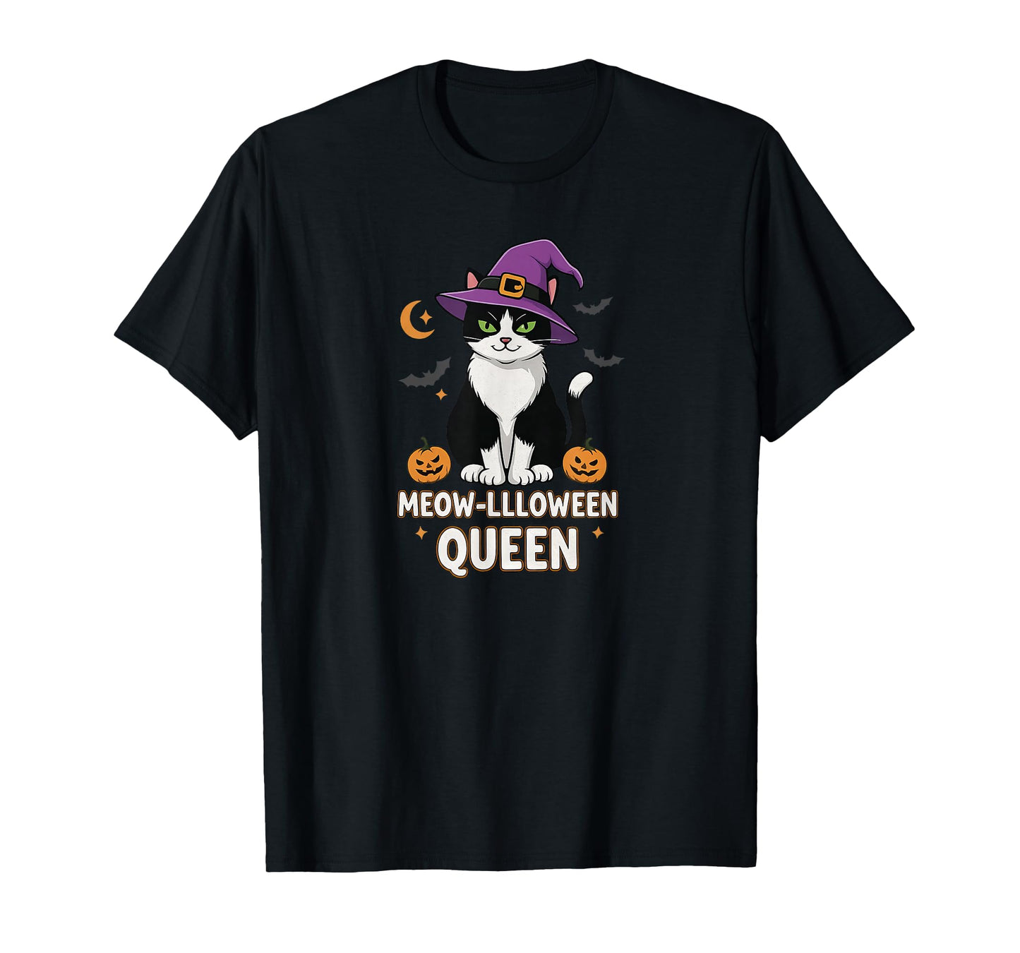 Black and White Tuxedo Cat Lazy Halloween Witch Hat Fun T-Shirt