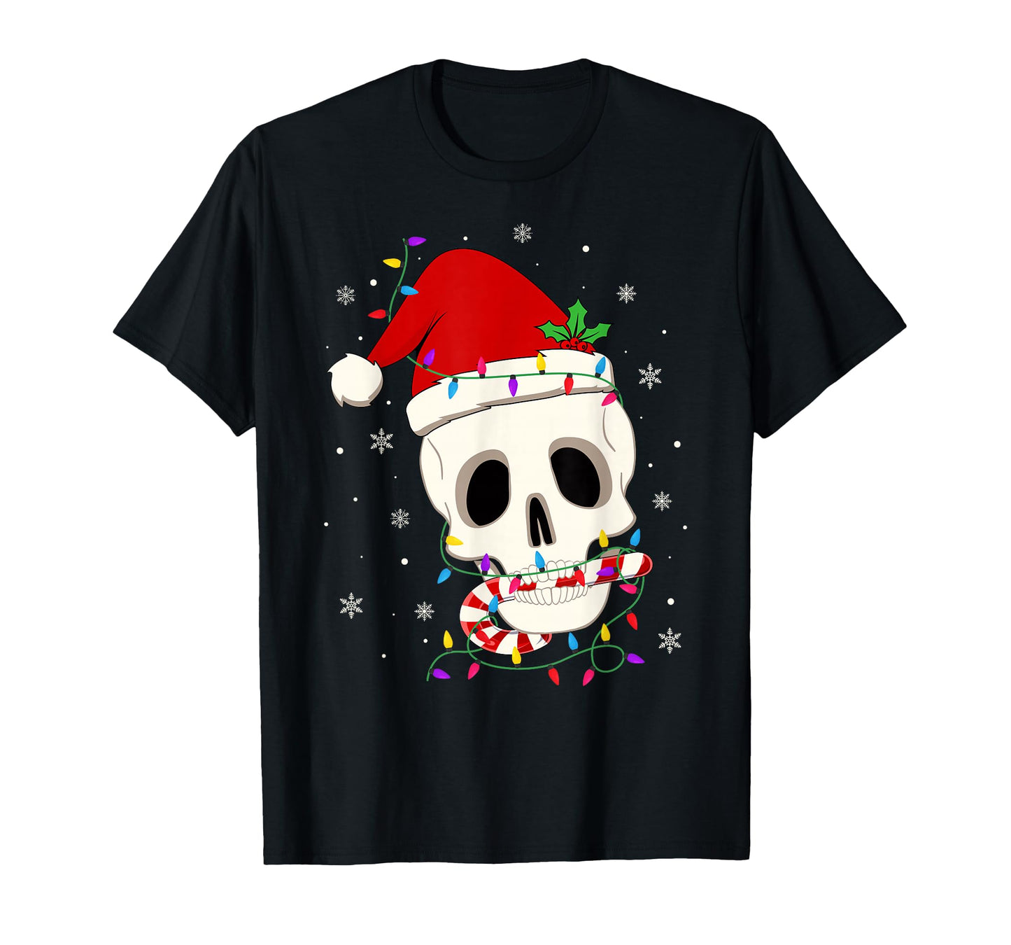 Skeleton Skull Scary Xmas Lights Funny Santa Hat Christmas T-Shirt