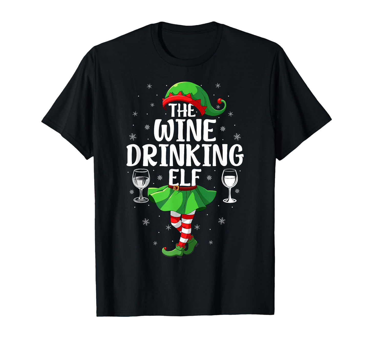 Wine Drinking Elf Christmas Girl Women Elf Squad Xmas Family T-Shirt