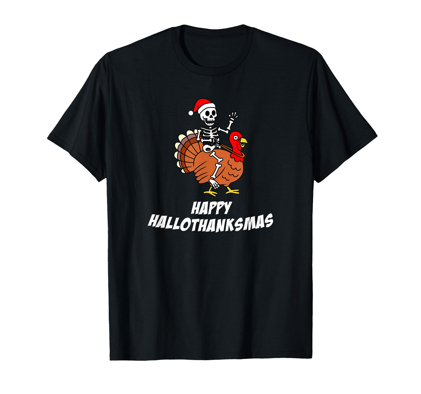 Happy HalloThanksMas Skeleton Santa Hat Turkey Holiday T-Shirt