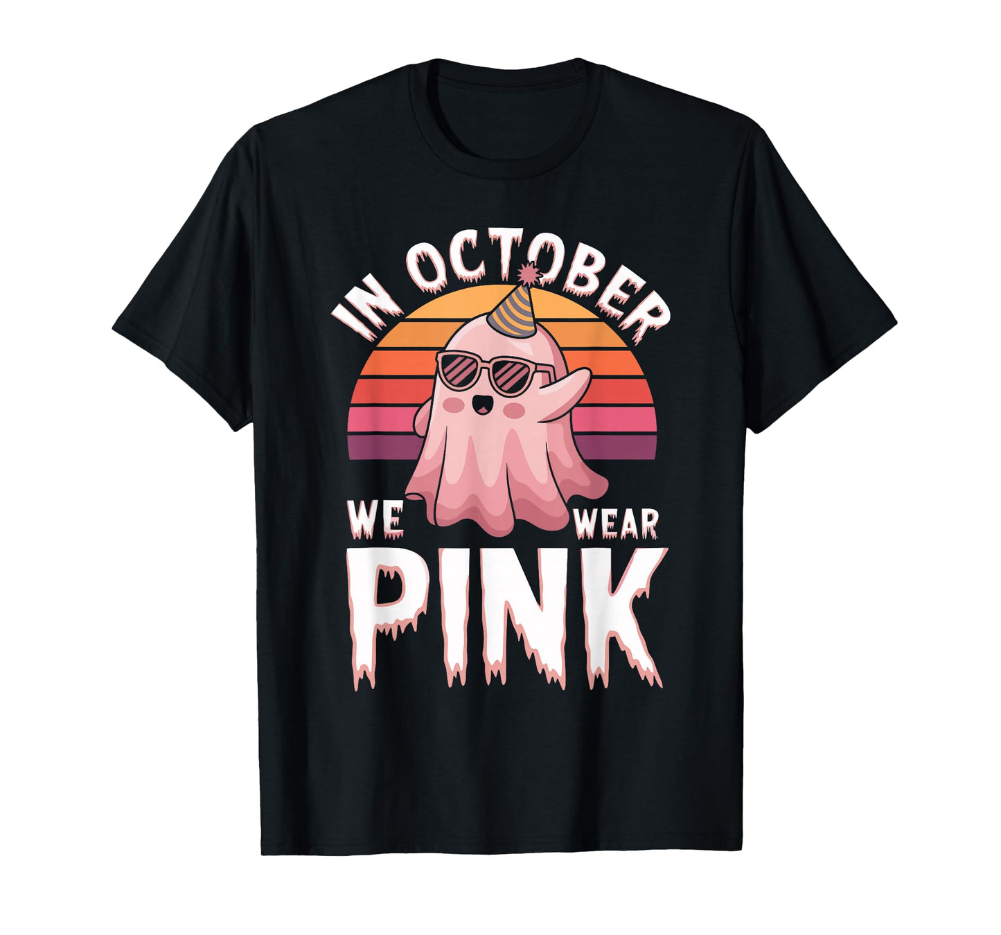 in October We Wear Pink Ghost Witch Breast Cancer Awareness T-Shirt