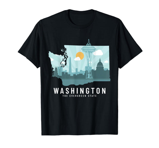 Seattle Washington Skyline State Map PNW T-Shirt