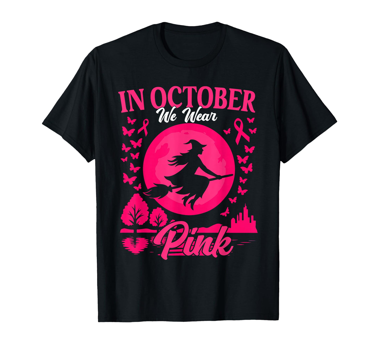 in October We Wear Pink Breast Cancer Women Halloween Girls T-Shirt