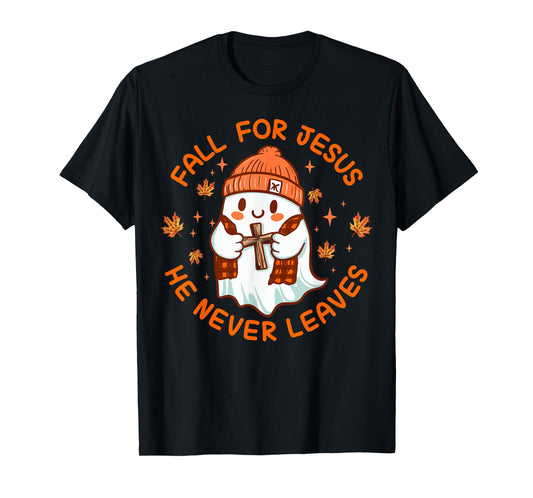 Fall For Jesus He Never Leave Cute Ghost Retro Halloween T-Shirt
