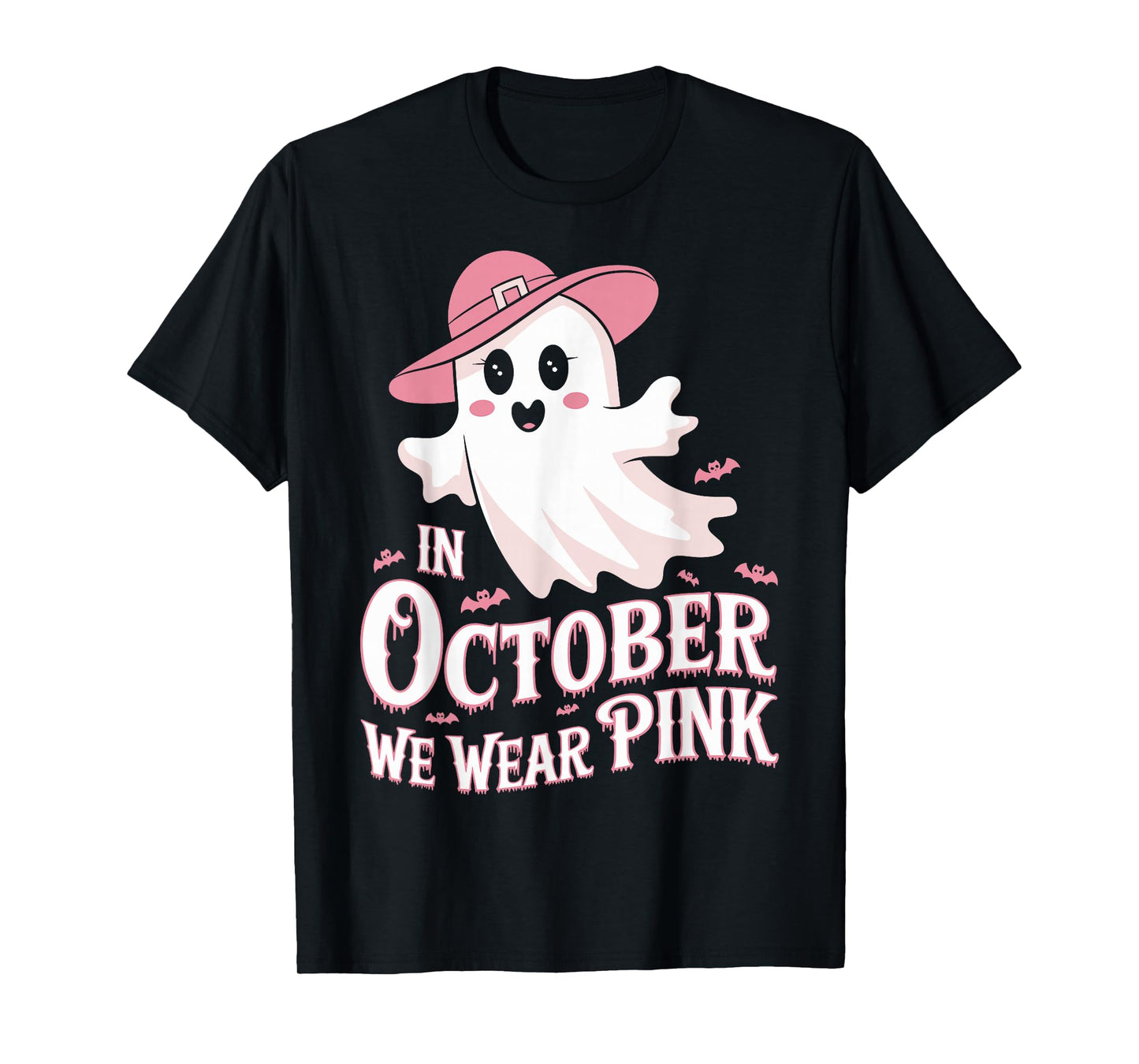 in October We Wear Pink Ghost Witch Breast Cancer Awareness T-Shirt