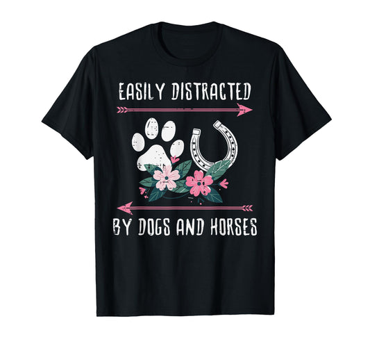 Easily Distracted Dogs Horses Equestrian Women Girls Kids T-Shirt