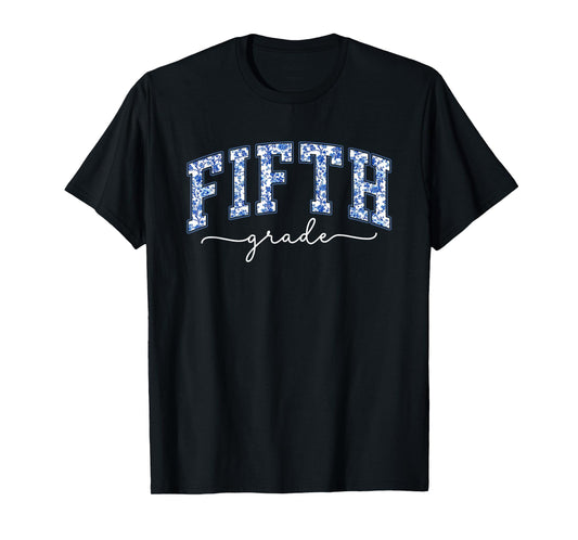 Fifth Grade Coquette Toile Blue Bow Floral Women Teacher T-Shirt