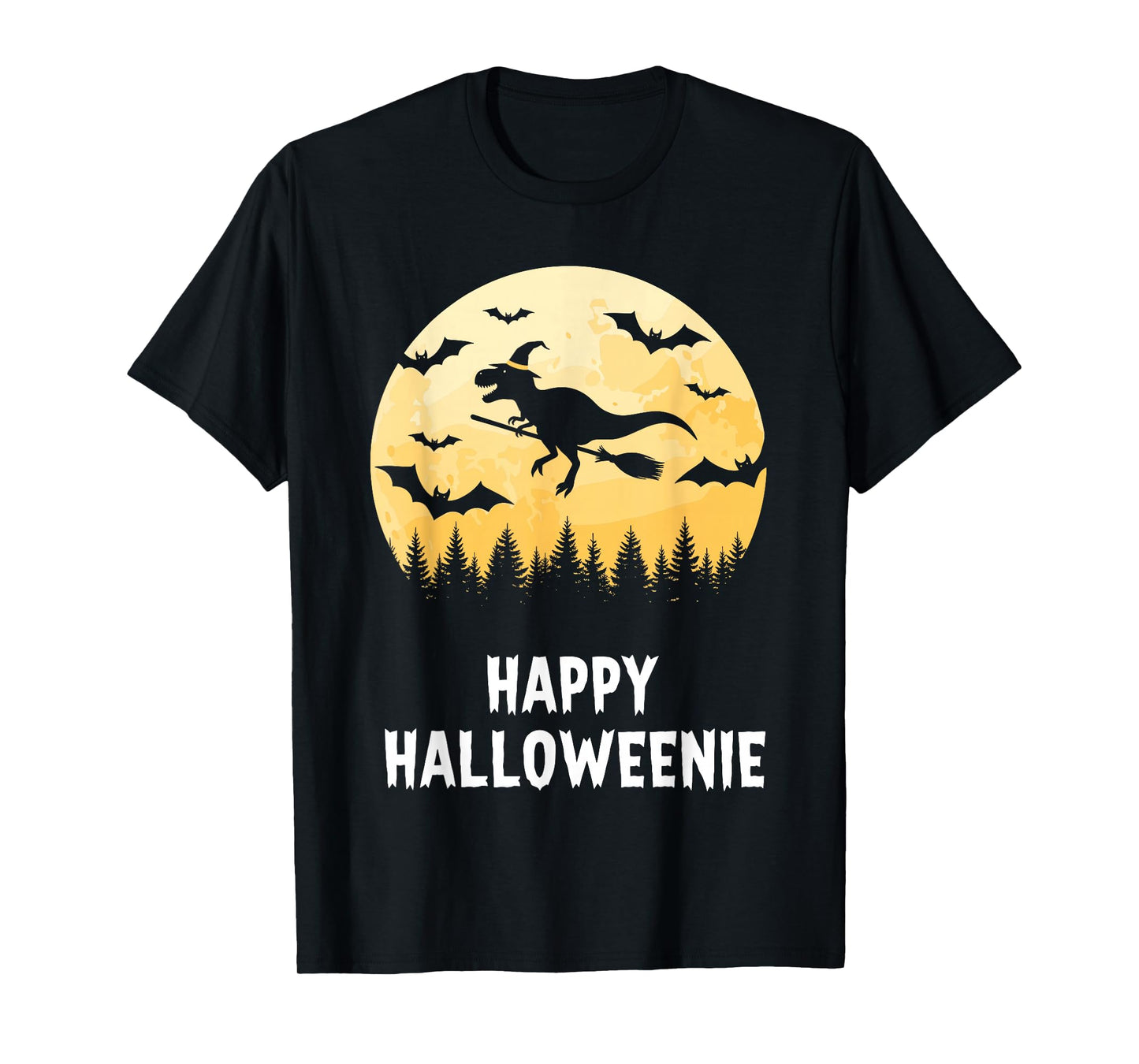 Happy Halloweenie Funny Dinosaur T Rex Flying Witch T-Shirt