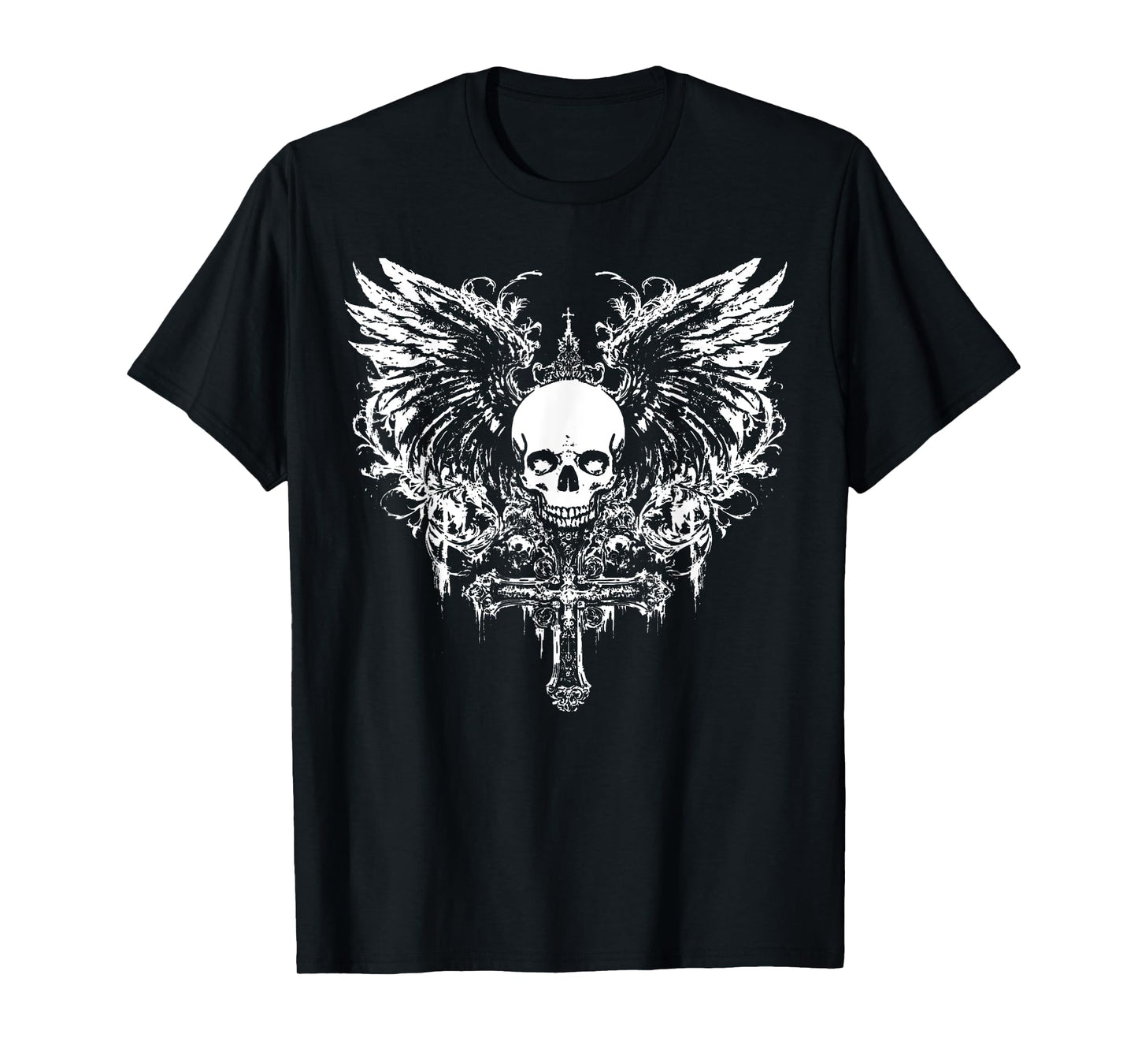 Emo Y2K Grunge Aesthetic Skull Cross Goth Alt Gothic Wings T-Shirt
