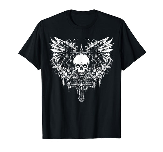Emo Y2K Grunge Aesthetic Skull Cross Goth Alt Gothic Wings T-Shirt