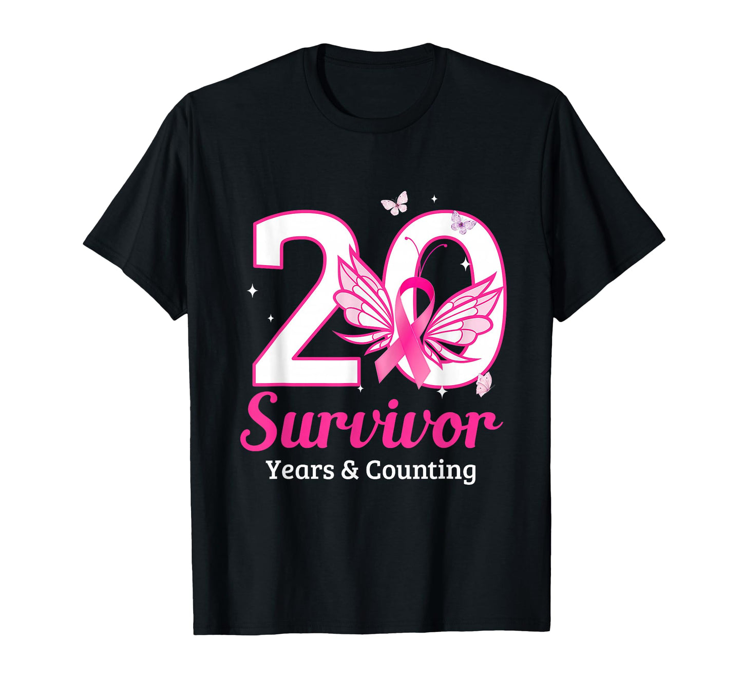 Vintage 20 Years Breast Cancer Survivor Ribbon Buffterfly T-Shirt