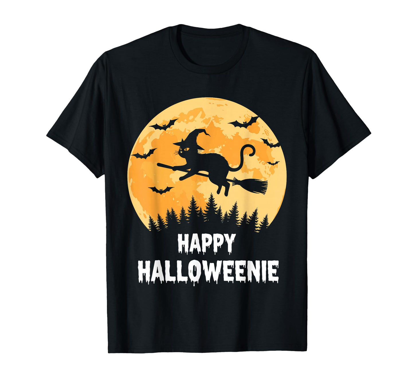 Happy Halloweenie Funny Halloween Cat Flying Witch T-Shirt