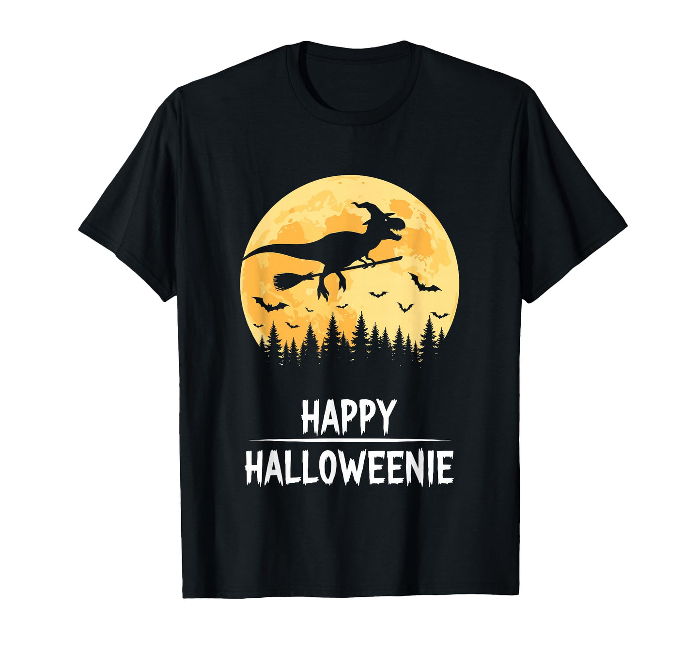 Happy Halloweenie Funny Dinosaur T Rex Flying Witch T-Shirt