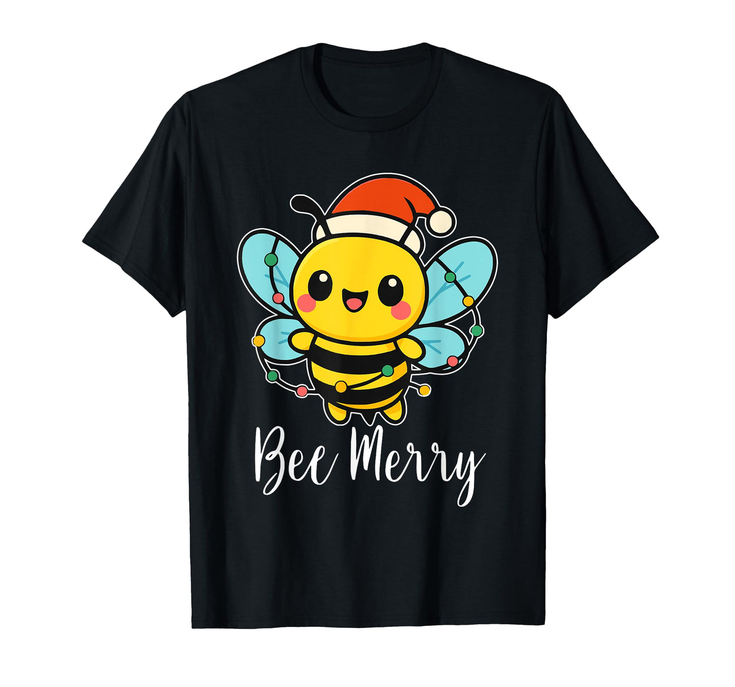Bee Merry Christmas Bee Wears Santa Hat Xmas Lights T-Shirt