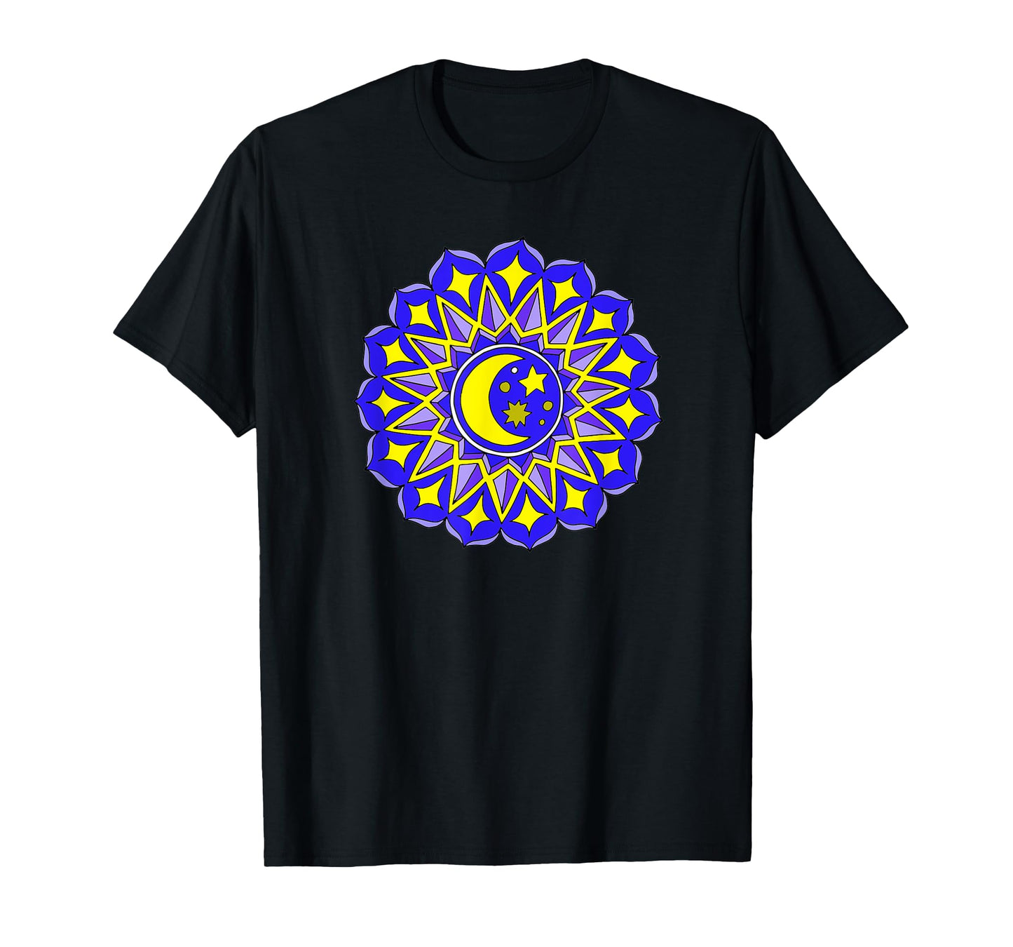Mandala Moon Stars Blue Yellow Yoga Design Hindu Buddhist T-Shirt