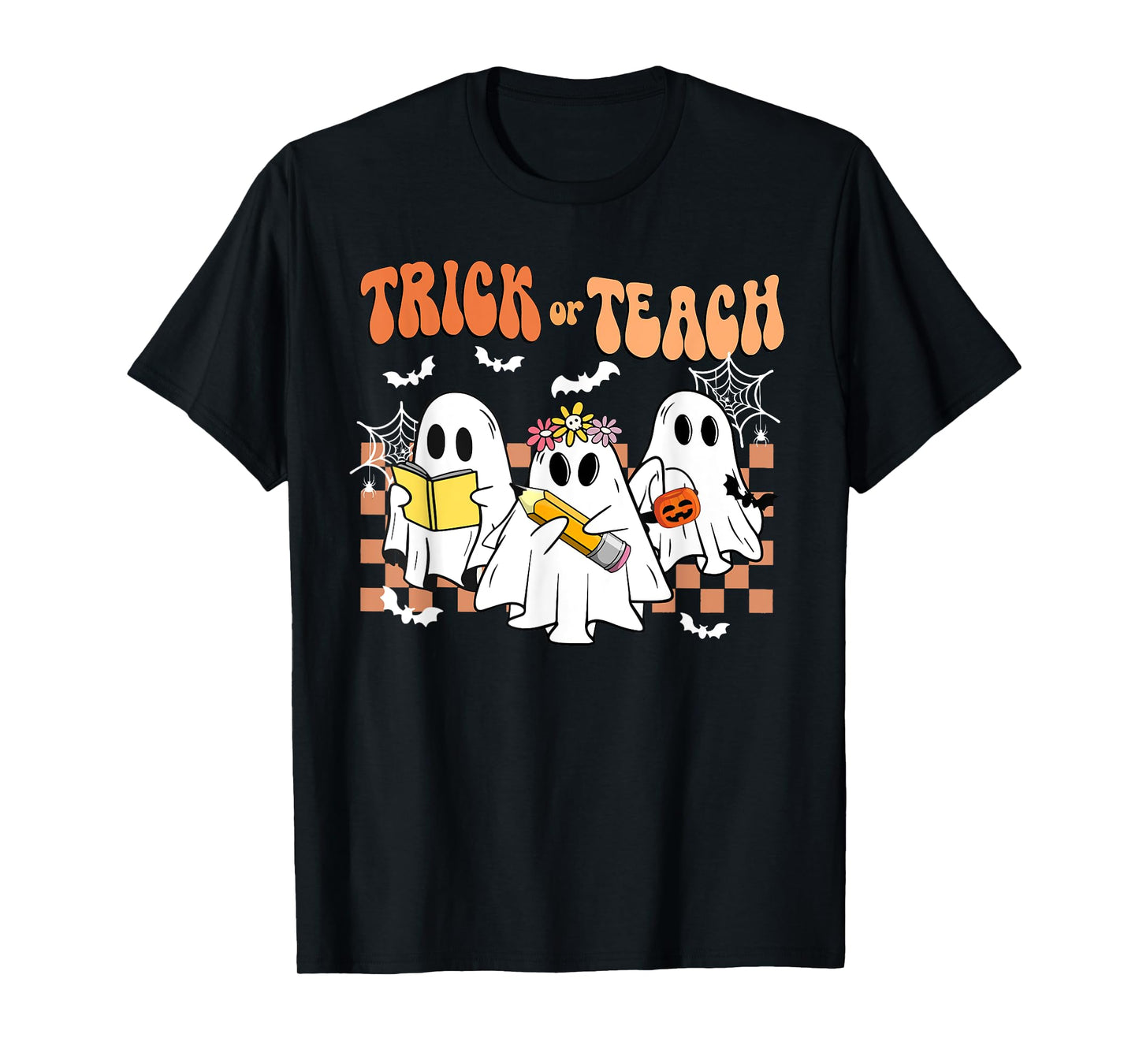 Trick Or Teach Groovy Teacher Halloween Retro Floral Ghost T-Shirt