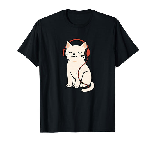 Cute Relaxed White Cat with Headphones Music Cat Lover T-Shirt