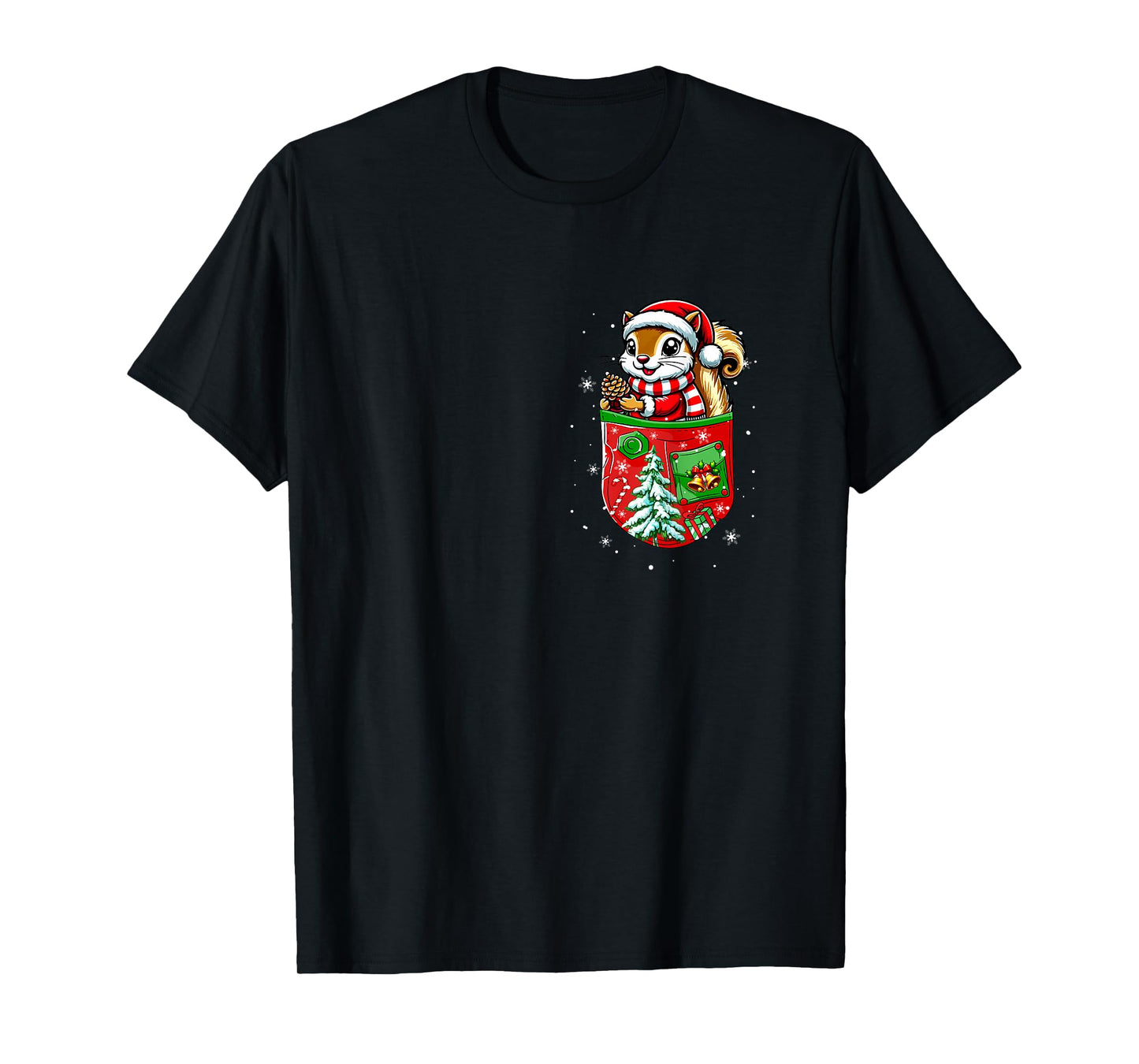 Santa Squirrel in Pocket Owner Christmas Tree Bells T-Shirt