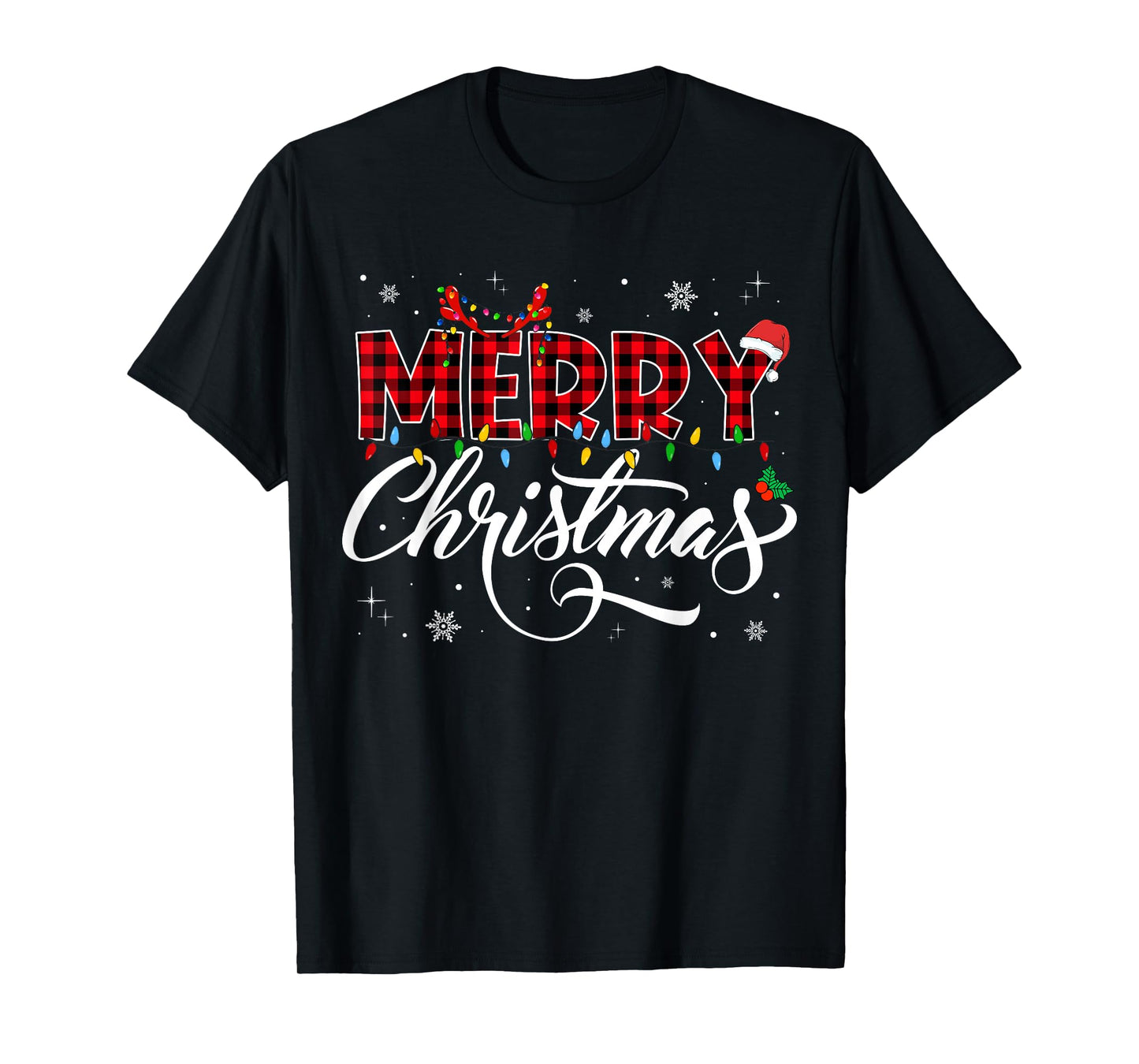 Merry Christmas Lights Santa Hat Xmas Family Matching Pajama T-Shirt