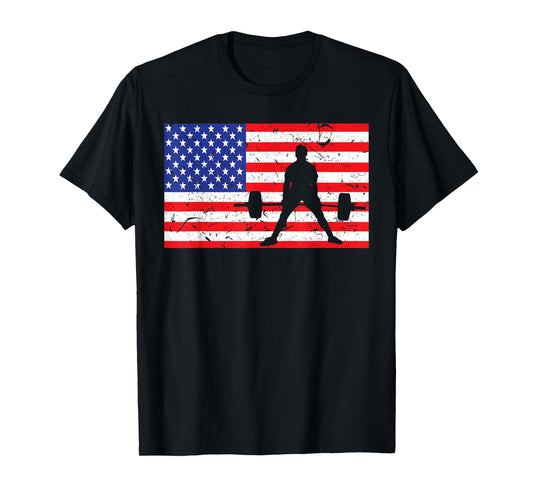 Distressed Powerlifting USA American Flag Vintage Weightlift T-Shirt