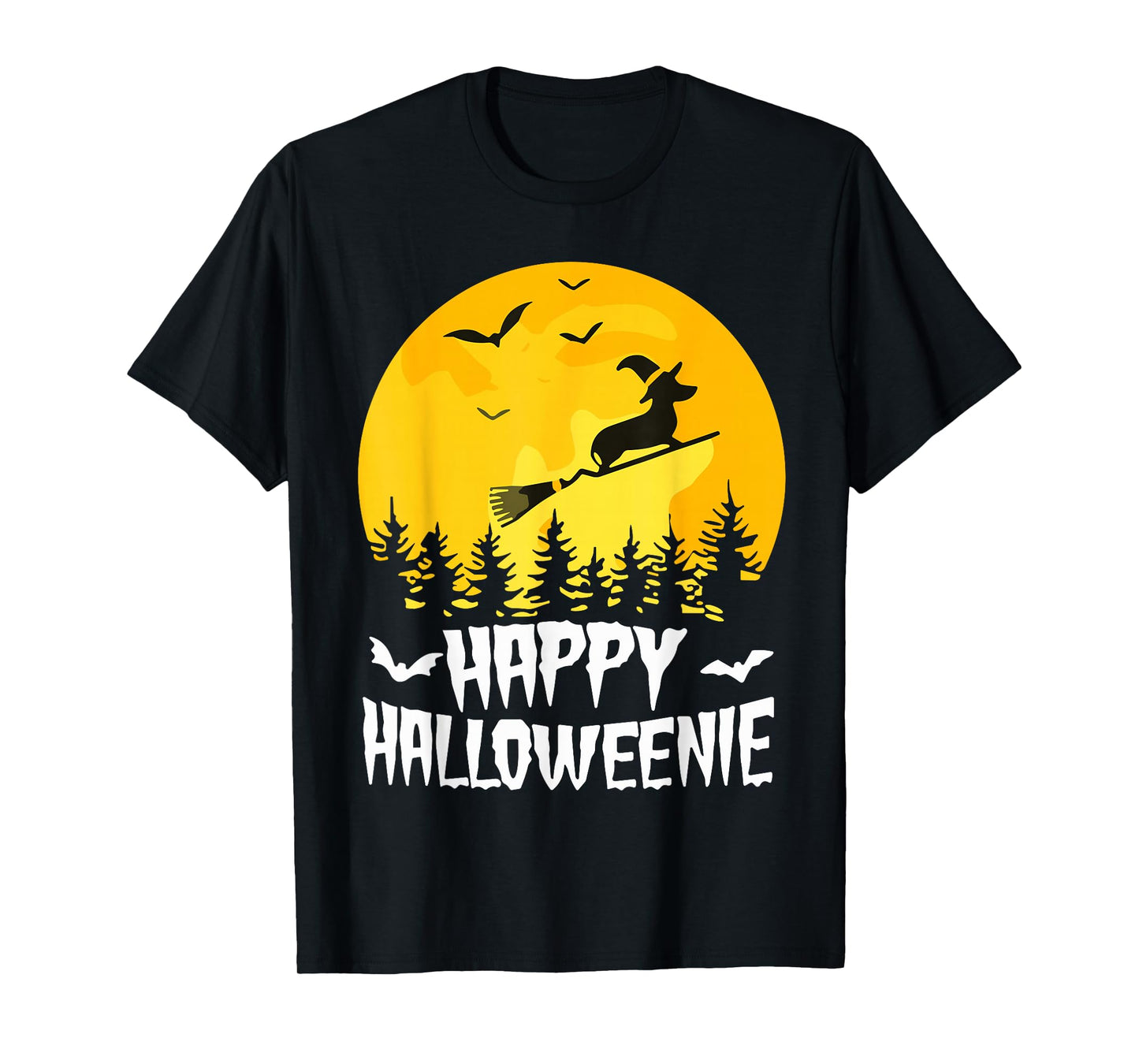 Happy Halloweenie Funny Halloween Dachshund Flying Witch T-Shirt