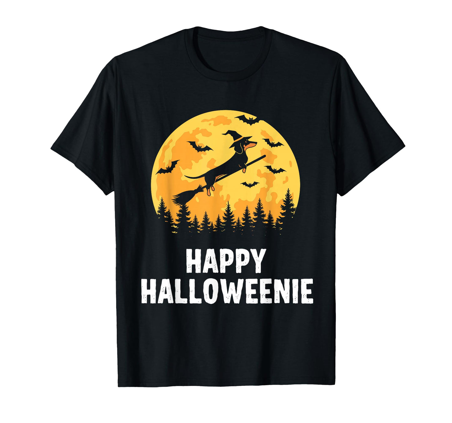 Happy Halloweenie Funny Halloween Dachshund Flying Witch T-Shirt