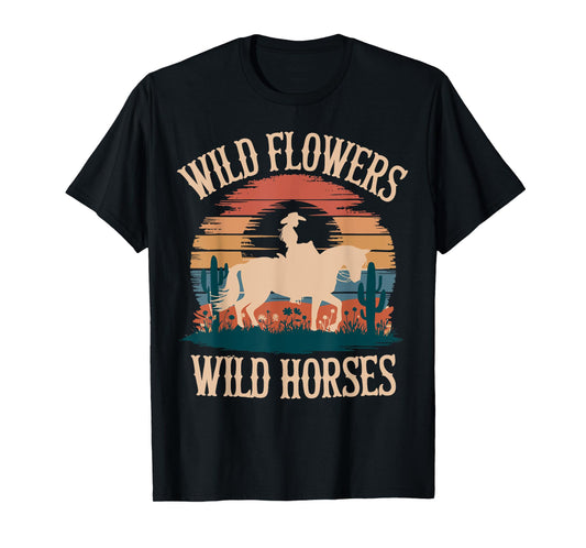 Vintage Sunset Western Country Wild Flowers - Wild Horses T-Shirt
