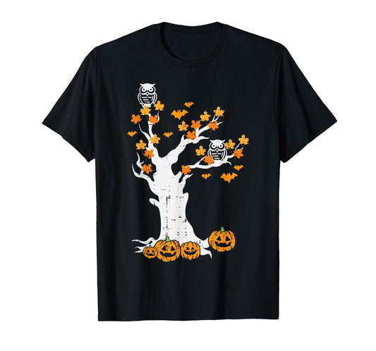 Halloween Tree Owl Leaves Pumpkin Fall Costume Women Kid Men T-Shirt