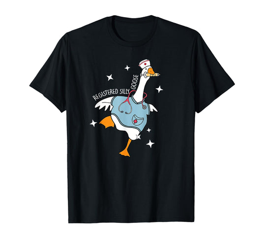 Nurse Silly Goose Pediatric Nurse Appreciation Black Cartoon Humor U-Neck Classic Fit Short Sleeve T-Shirt, Size Small, Unisex-Adult, Nurses, Nursing Students