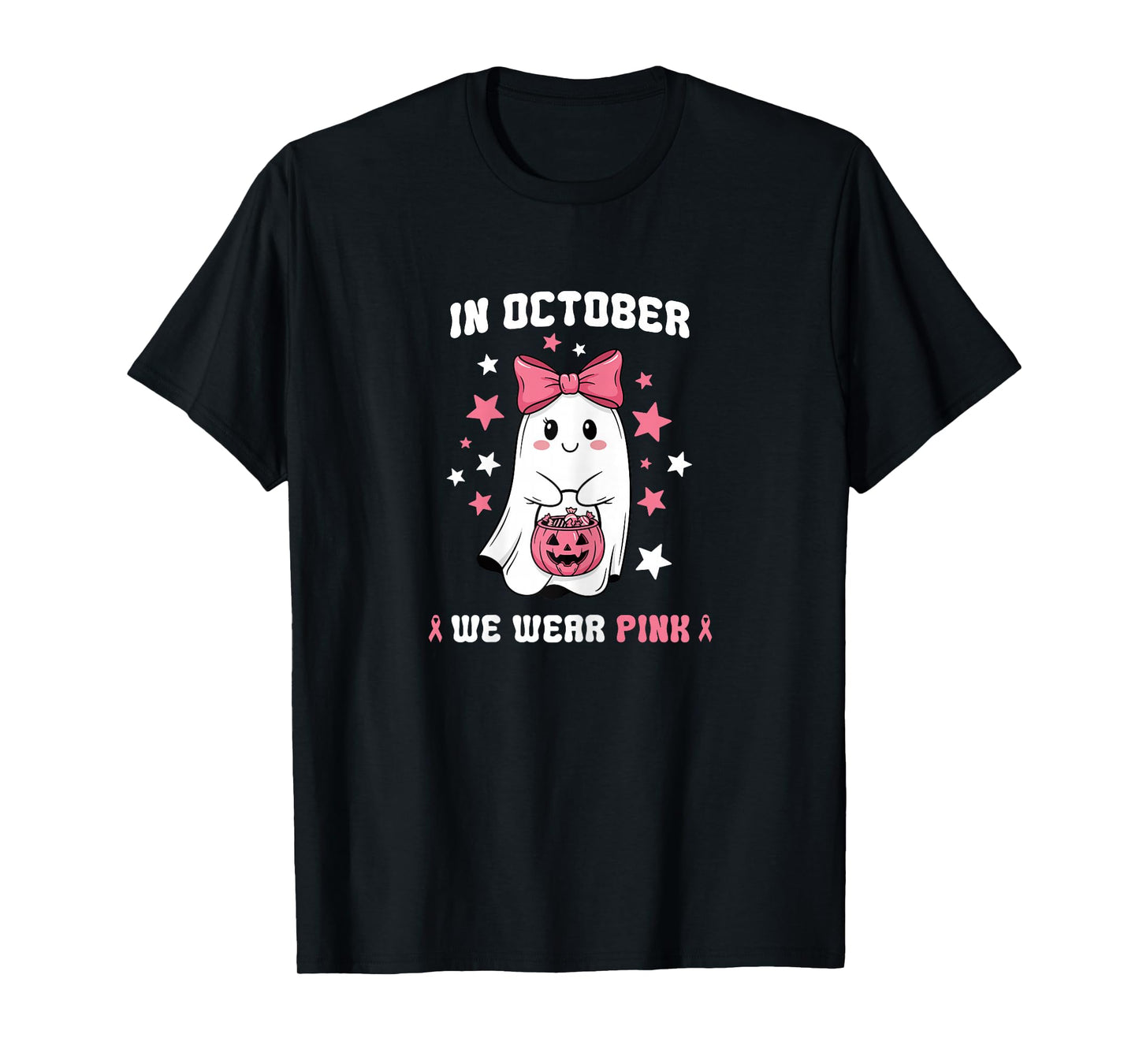 in October We Wear Pink Ghost Witch Breast Cancer Awareness T-Shirt