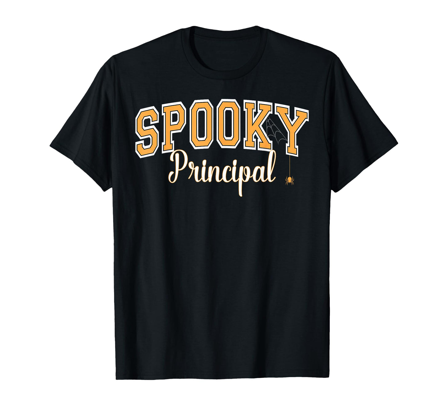 Spooky Principal Halloween Spider Varsity Orange Letters T-Shirt