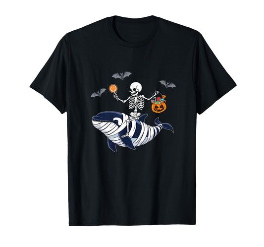 Skeleton Riding Mummy Orca Halloween Costume Whale T-Shirt