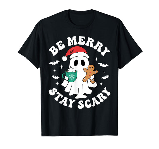 Be Merry Stay Scary Funny Santa Ghost Christmas Halloween T-Shirt