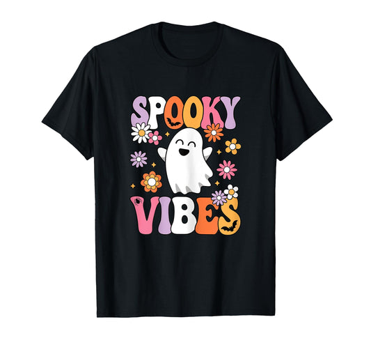 Spooky Vibes Groovy Halloween Ghost Women Girls Teens Kids T-Shirt