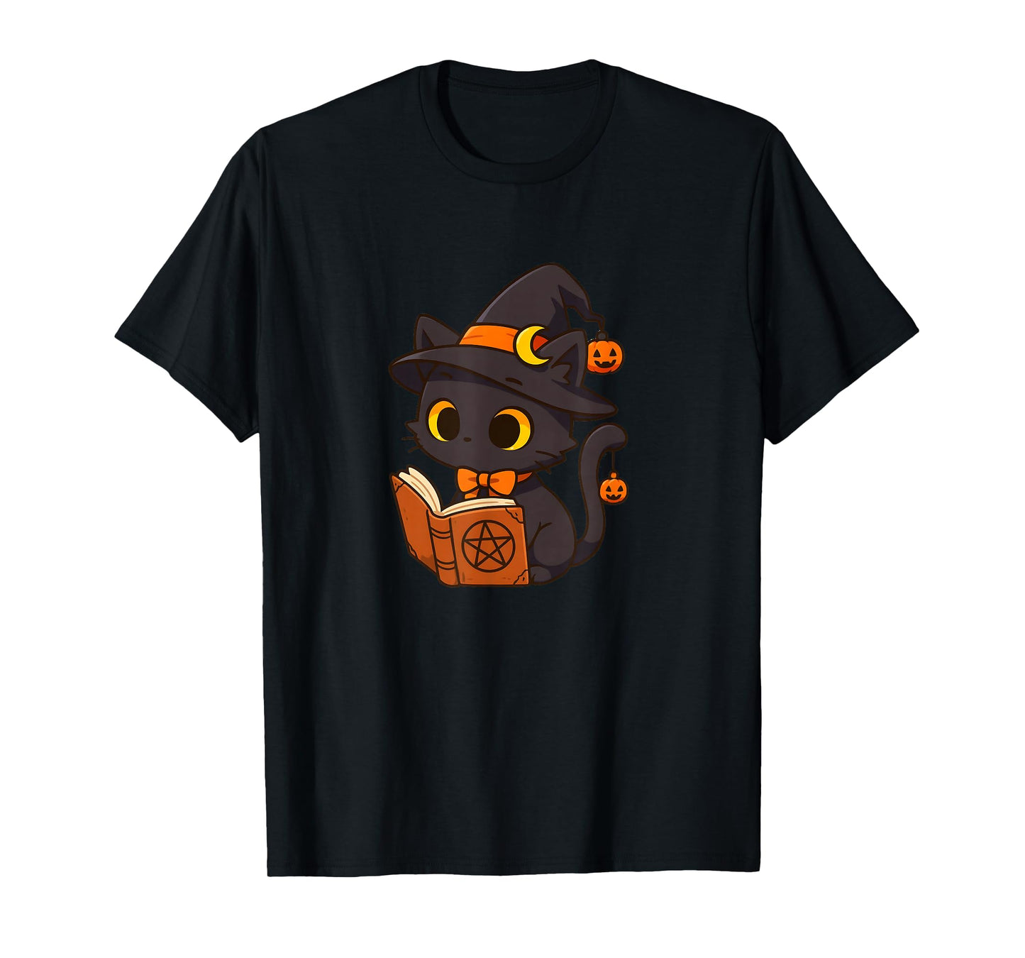 Cute Black Witch Cat Reading Spells Book Kawaii Halloween T-Shirt