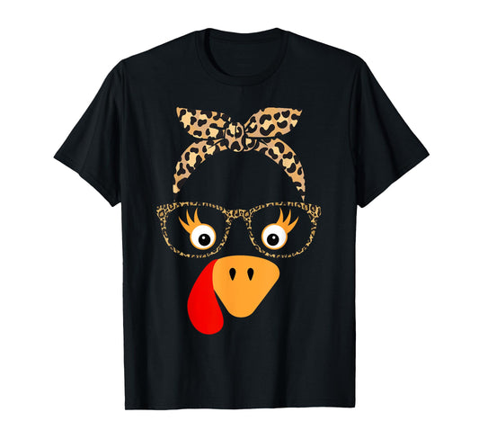 Thanksgiving Turkey Face Leopard Glasses For Women Girls T-Shirt