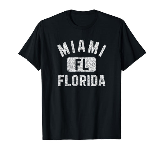 Miami Florida FL Gym Style Distressed White Print T-Shirt
