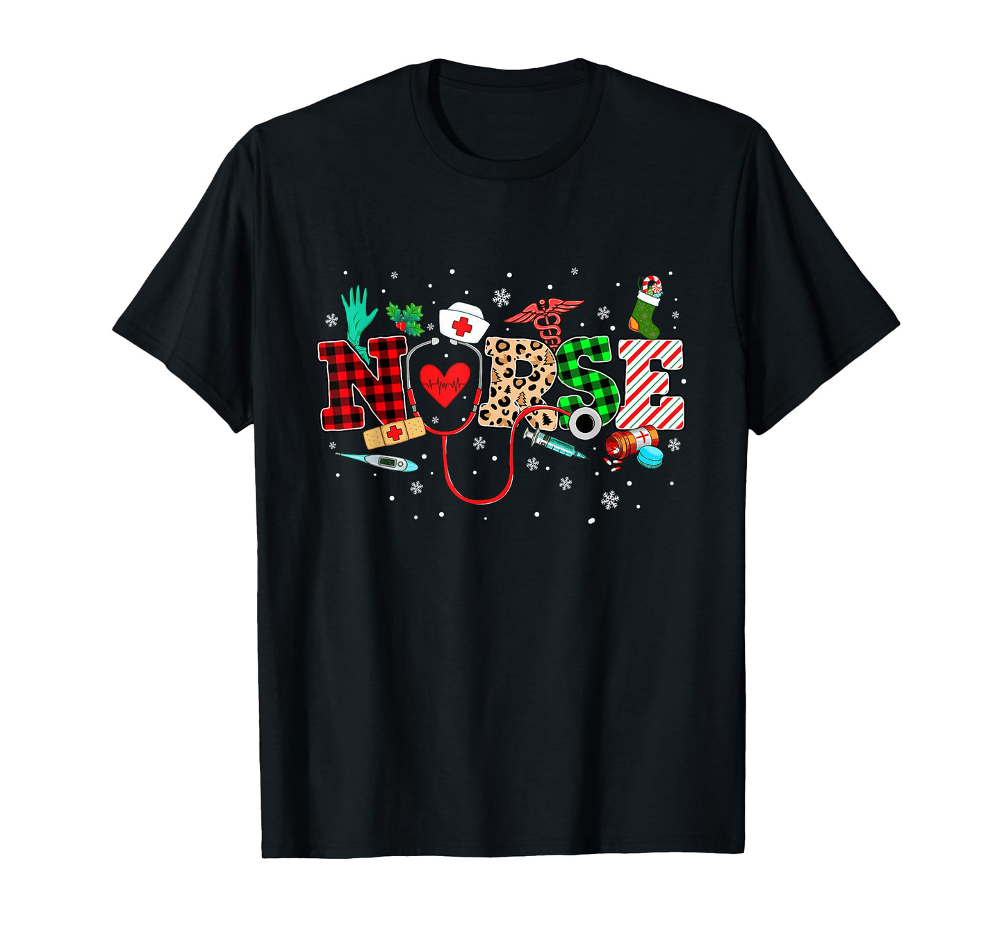 Nurse Christmas Stethoscope Nurses Buffalo Plaid Red Green T-Shirt
