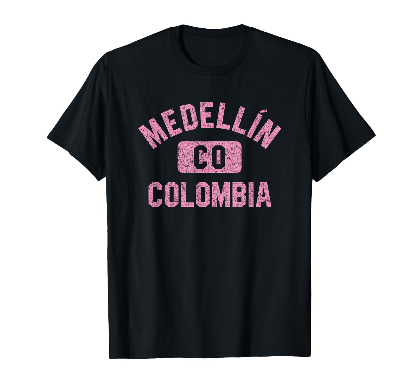 Medellin Colombia Gym Style Distressed Pink Print T-Shirt