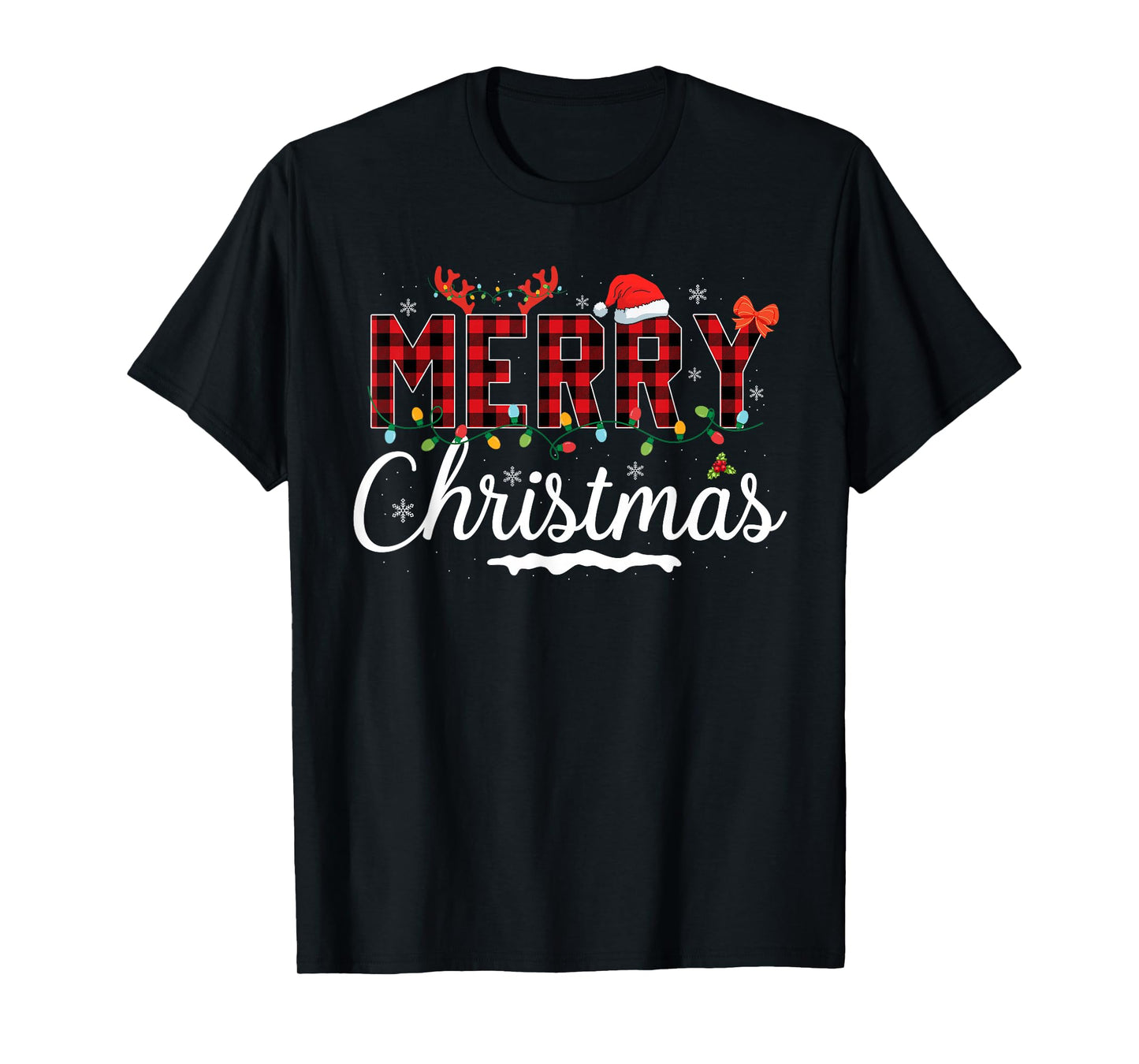 Merry Christmas Lights Red Santa Hat Xmas Family Men Women T-Shirt