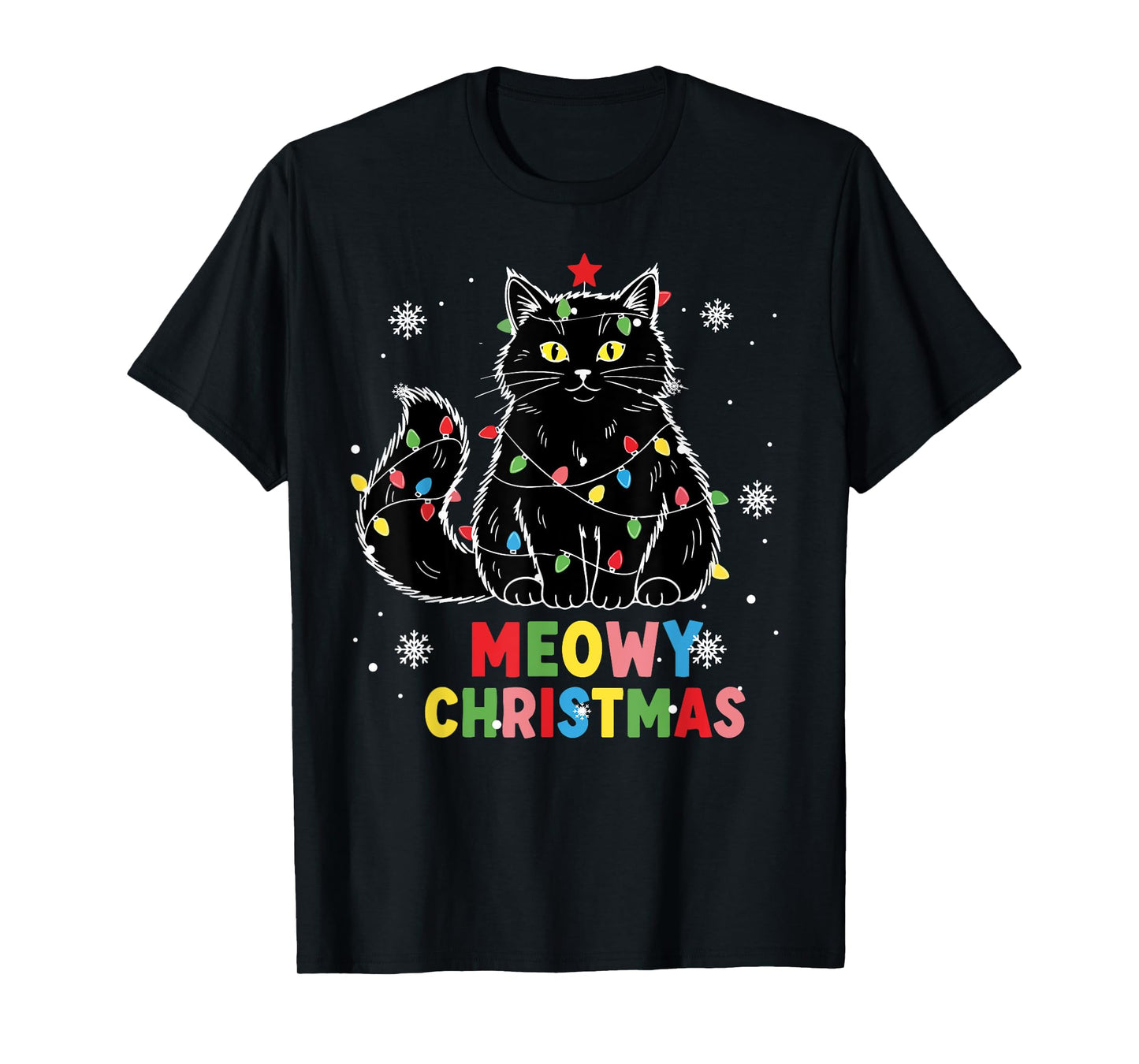 Funny Meowy Christmas Xmas Lights Black Cat Pajamas Family T-Shirt