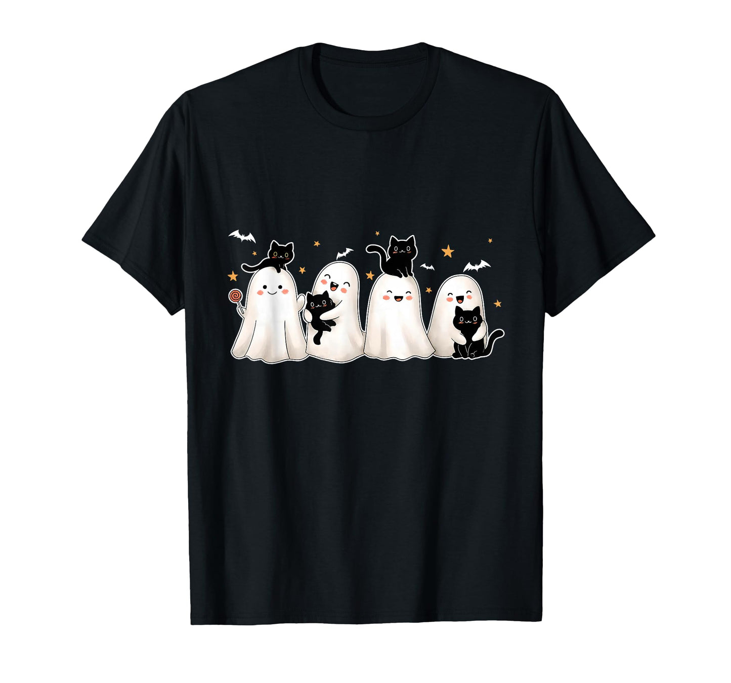 Ghost Holding Black Cat Halloween Black Cat Lover Cat Mom T-Shirt