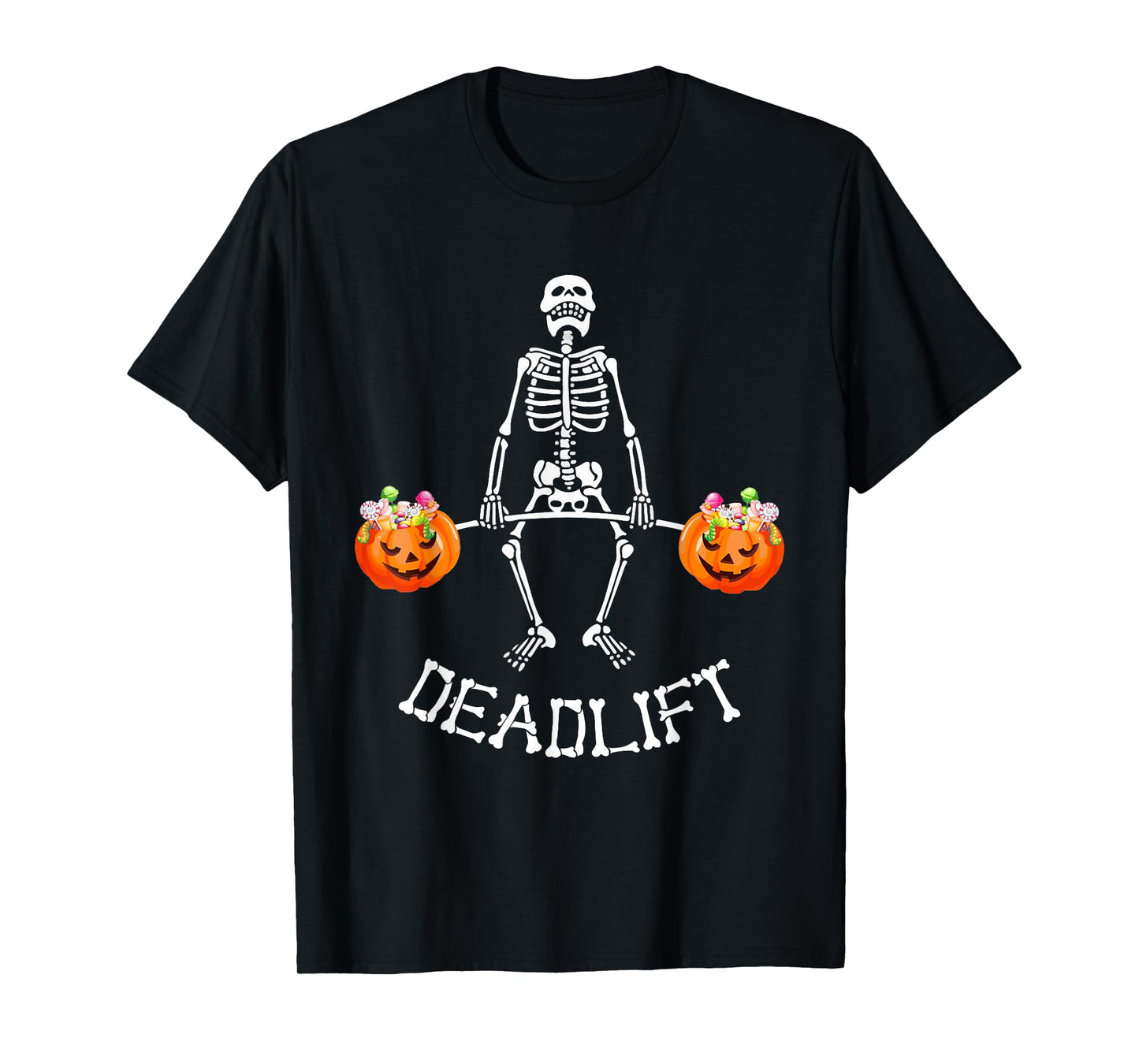 Skeleton Dead Lift Candy Buckets Gym Workout Halloween T-Shirt