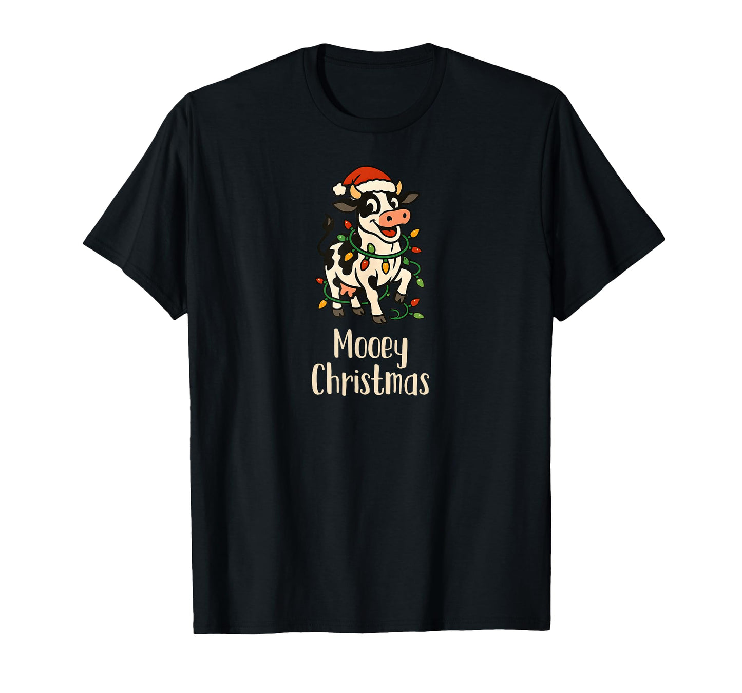 Christmas Holstein Cow Lights Santa Hat Mooey Christmas T-Shirt