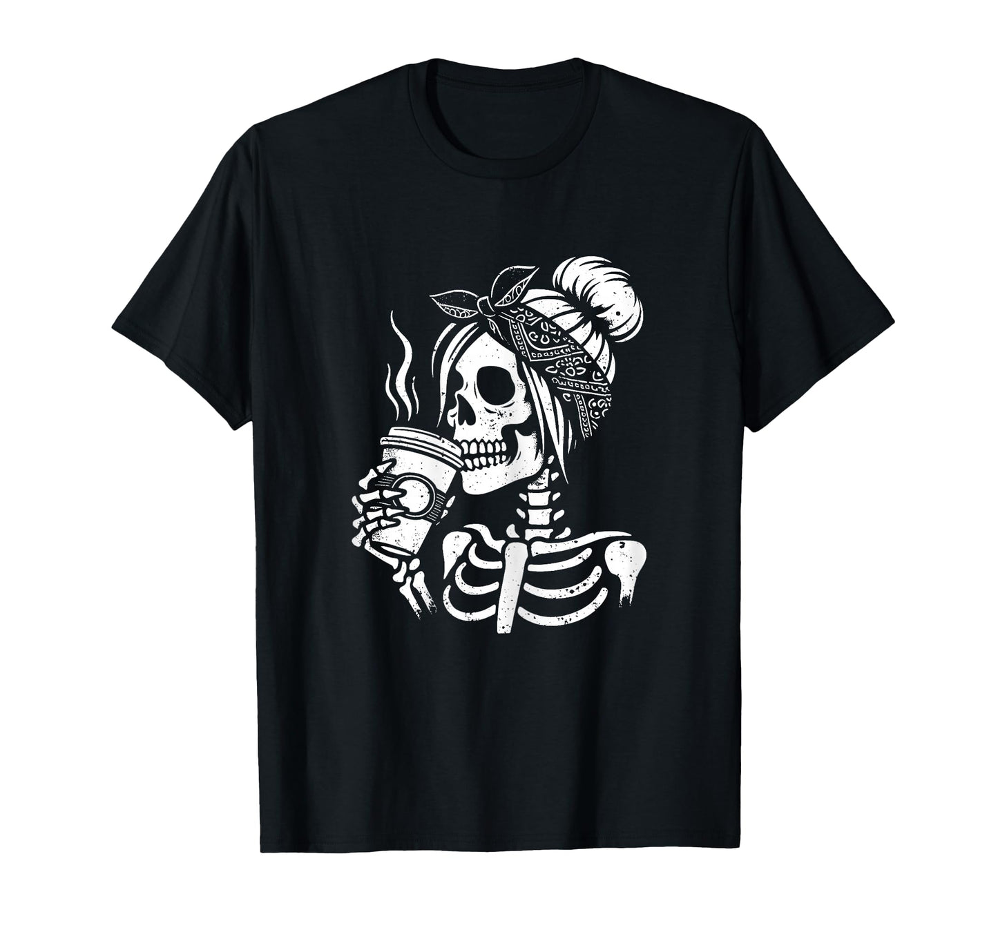 Halloween Skeleton Messy Bun Coffee Funny Costume Mom Women T-Shirt