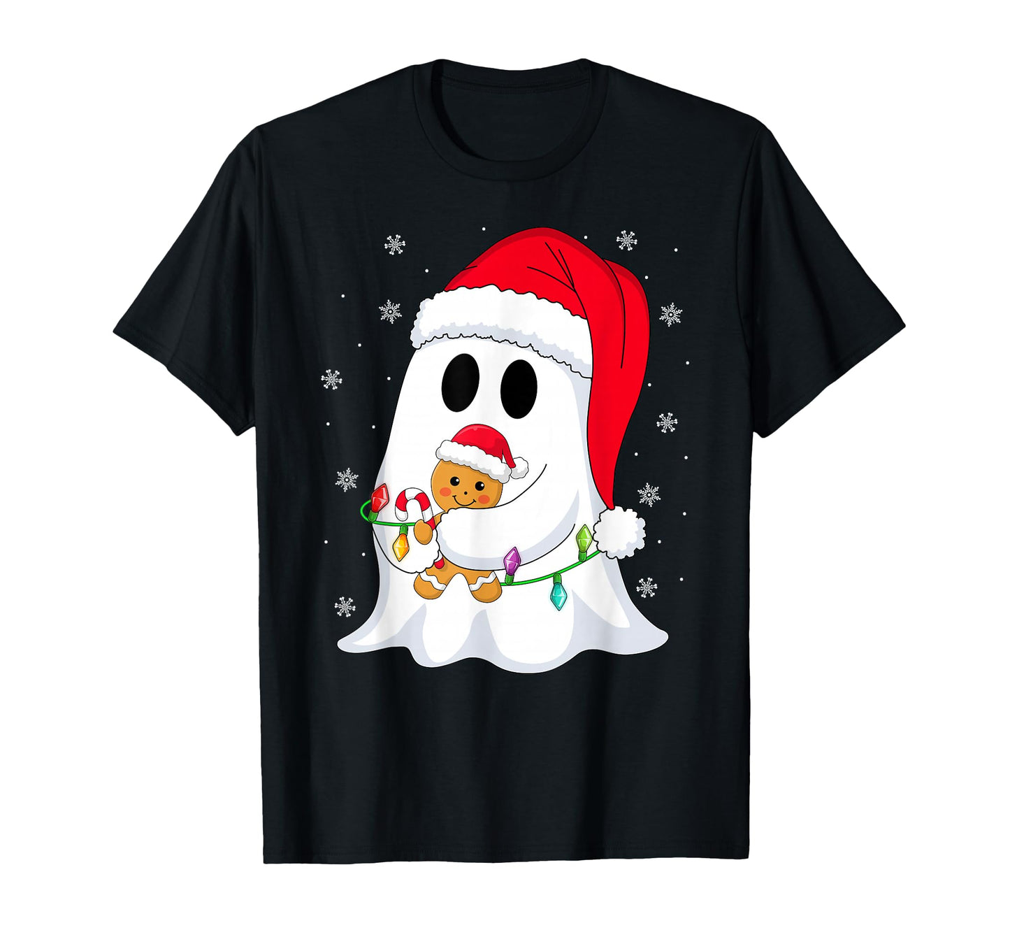Spooky Ghost Xmas Lights Santa Hat Funny Boo Ghost Christmas T-Shirt