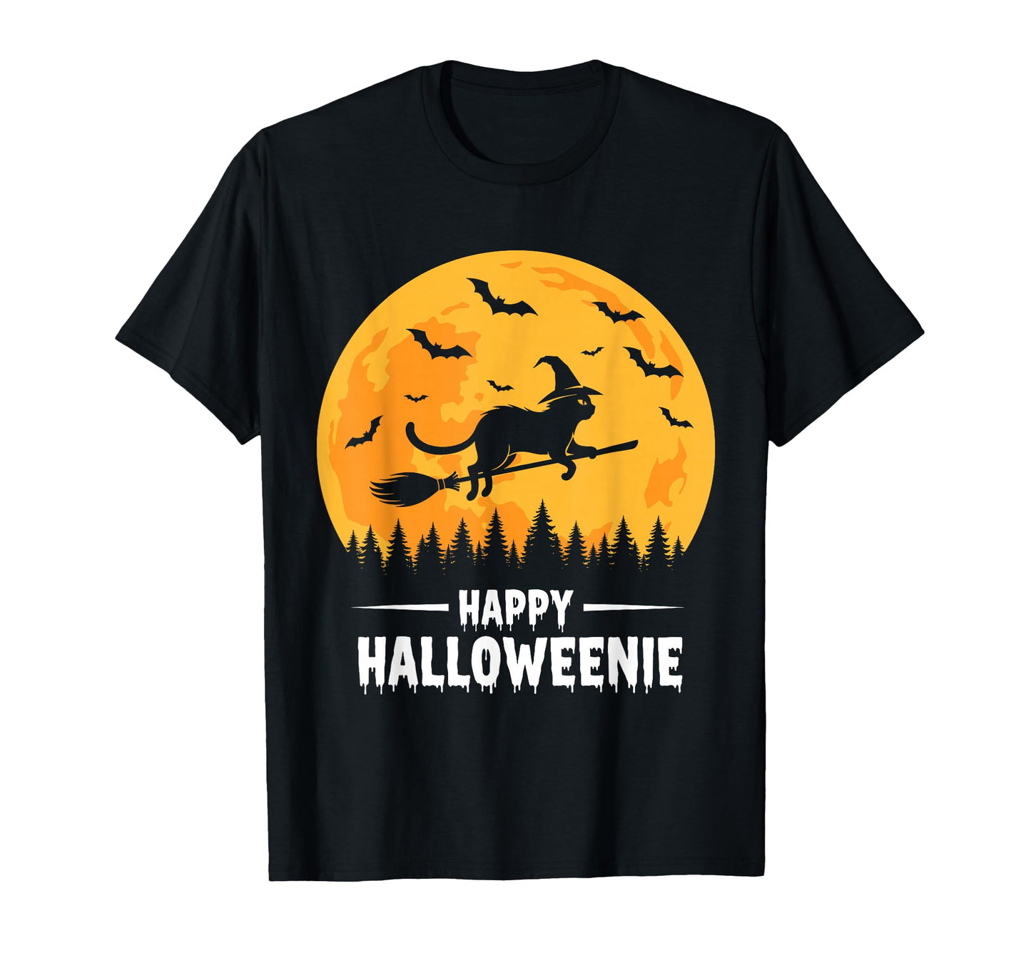Happy Halloweenie Funny Halloween Cat Flying Witch T-Shirt