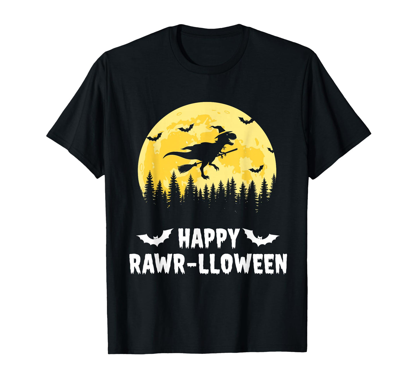 Happy Rawr-lloween Funny Halloween T Rex Flying Witch T-Shirt