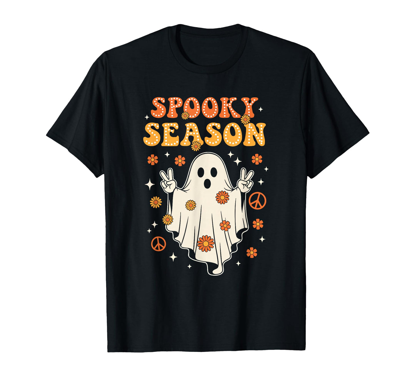 Groovy Spooky Season Retro Ghost Holding Pumpkin Halloween T-Shirt